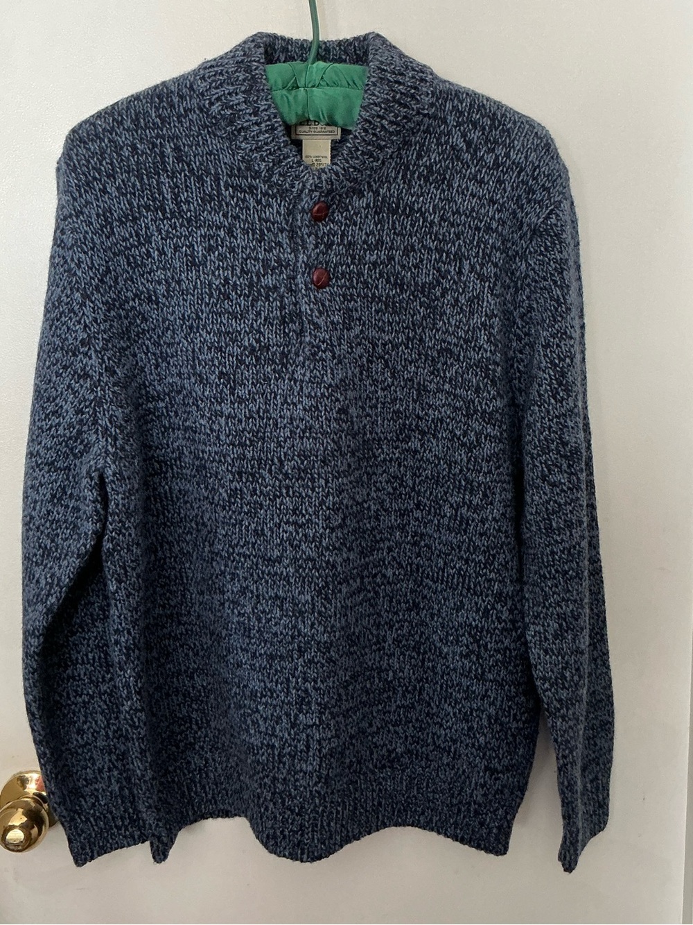 L.L. Bean Men's Navy Marled Henley Crewneck Sweater 100% Lambswool